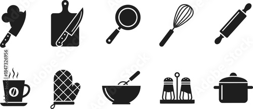 Vector illustration set of kitchen tools and utensils featuring silhouettes of knives, pots, and pans for restaurant cooking and food design