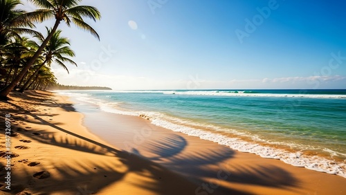 Fototapeta Naklejka Na Ścianę i Meble -  Tropical beach paradise with palm trees and turquoise ocean waves.