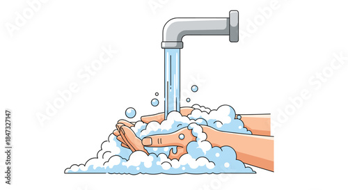 A detailed pixel art illustration of two hands being washed with lots of soap foam under running water from a tap.