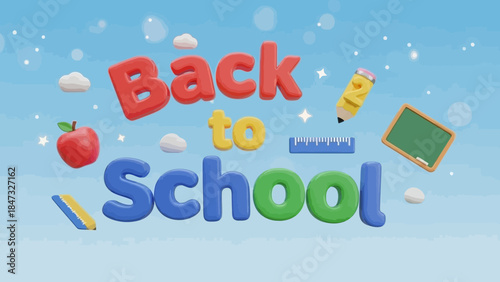 Colorful Back to School 3D Render with Apple, Ruler and Chalkboard Illustration