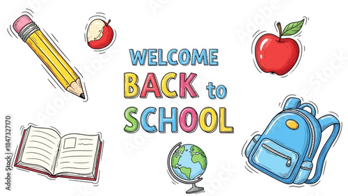 Colorful Back to School Cartoon Illustration with Educational Objects and Greeting