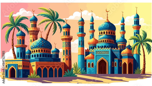 Colorful islamic architecture illustration featuring mosques and palm trees scenery
