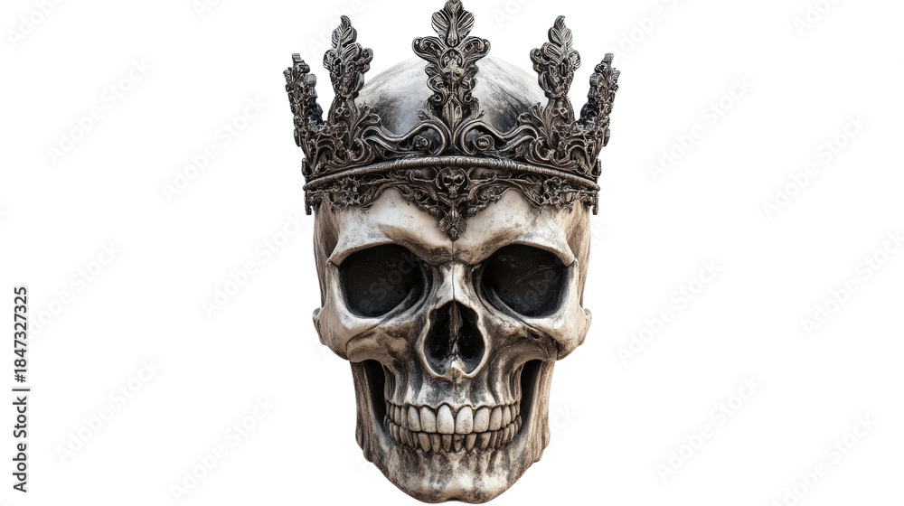 Naklejka premium A skull with a crown on top. The skull is white and the crown is silver. The skull is placed on a white background