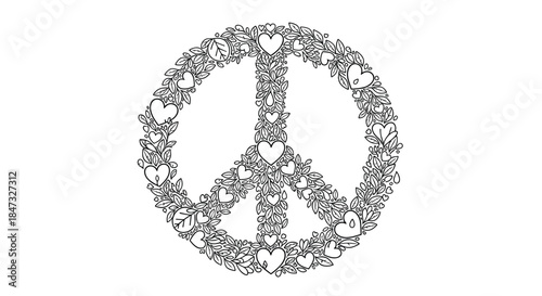 A beautiful and intricate black and white outline of a peace sign made entirely of intertwined leaves, vines, and hearts.
