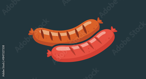 A simple flat illustration of two plump, grilled sausages with grill marks, one brown and one pink, on a dark background.