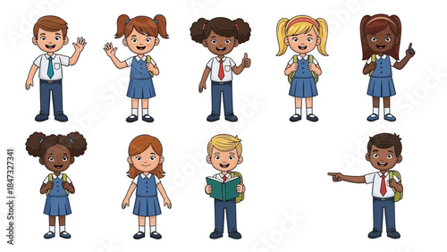 Diverse group of cartoon school children in uniform standing together illustration