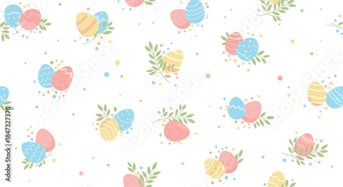 A delicate and cheerful seamless pattern for Easter, featuring colorful decorated eggs, green sprigs, and confetti on white.