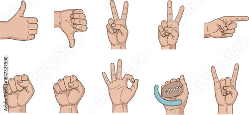 Isolated set of hands and fingers featuring a woman gesturing various signs like ok and victory symbols to represent business communication and success concepts