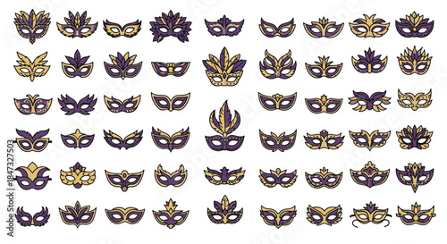 A large and diverse collection of ornate Mardi Gras carnival masks in purple and gold, illustrated in a festive hand-drawn doodle style.