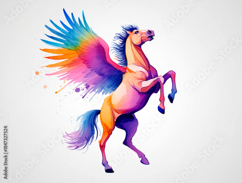 A majestic rainbow pegasus with vibrant watercolor wings gracefully rears on a white background