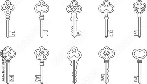 Antique collection of vintage metal skeleton keys featuring Victorian steel door locks and retro house security silhouettes in a decorative vector illustration pattern