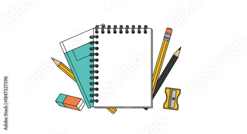 A colorful hand-drawn composition of school supplies including a spiral notebook, pencils, an eraser, and a sharpener on a white background.