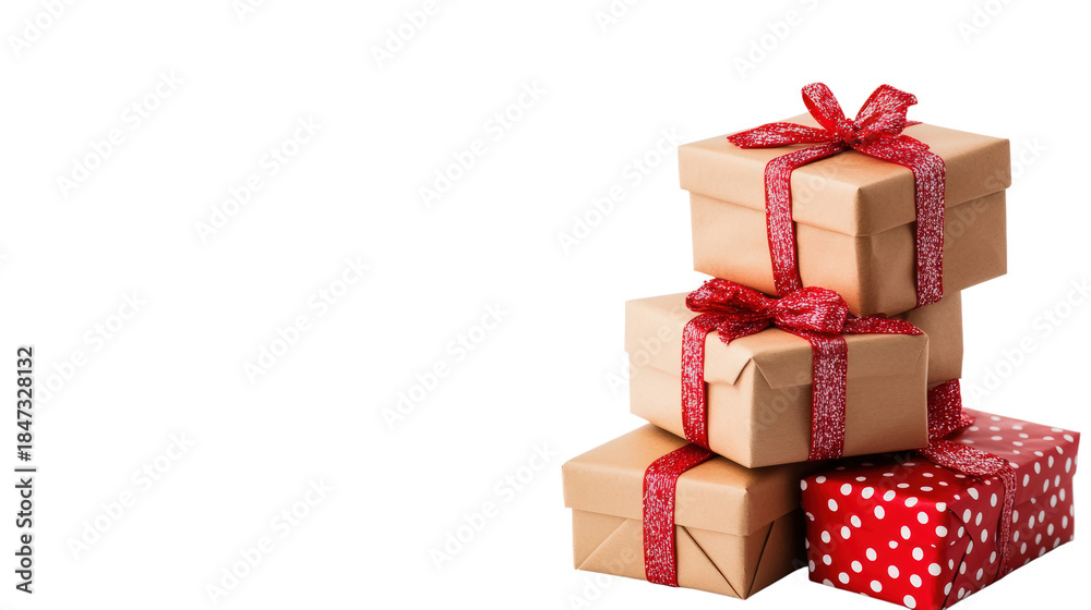 Fototapeta premium A stack of presents with red bows on top