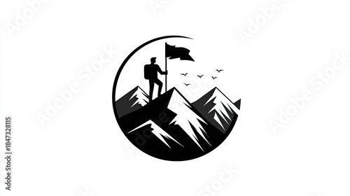 Mountaineer successfully plants a flag atop a jagged peak inside a circular frame