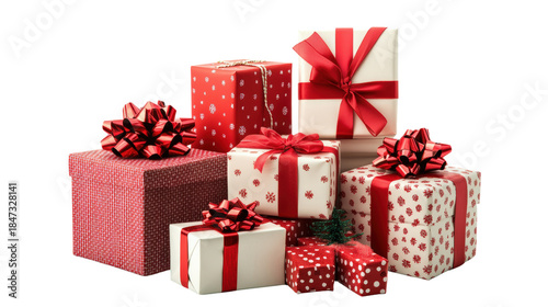 
A stack of red and white presents with a red bow on top
