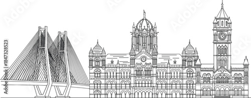 Minimalist line art illustration of the iconic Mumbai city skyline featuring the Bandra-Worli Sea Link and Chhatrapati Shivaji Maharaj Terminus