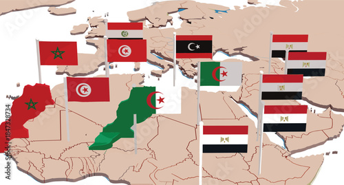 3D map illustration showing North African countries and flags, including Morocco, Algeria, Tunisia, Libya, and Egypt, emphasizing regional relations