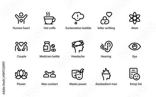 Psychology mental health concept icons. Human psychology visuals with brain ideas, emotional states, therapy themes and wellness care