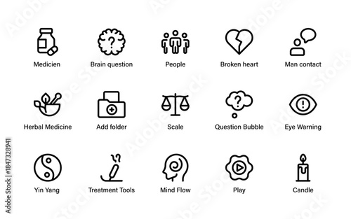 Psychology mental health awareness icons. Human mind emotions, therapy ideas, brain symbols, wellbeing care, stress control and personal balance collection