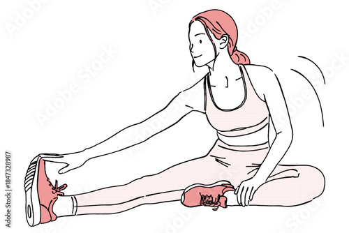 床に座って前屈ストレッチする女性｜柔軟・運動・健康・フィットネス