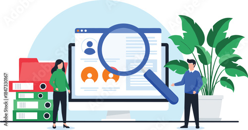 Human Resources team searching for new employee profiles online with a large magnifying glass, symbolizing recruitment and talent scouting