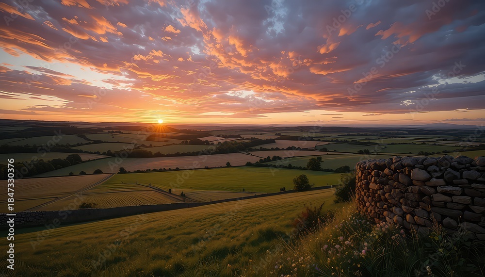 Fototapeta premium Serene countryside landscape at sunset with stone wall and vibrant sky
