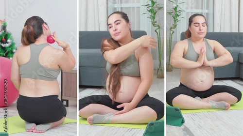 Pregnant woman, stretching and exercise on floor in home for pelvic strength, maternity fitness and improve flexibility. Girl, living room and prenatal yoga for circulation, back pain and posture. 