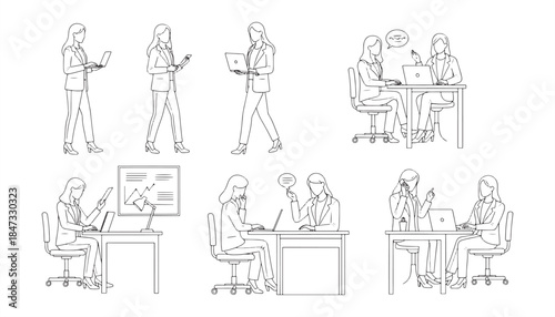 Women Front View CAD Outline Figures – Standing and Sitting Female Silhouettes, Architectural Scale Vector