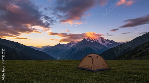 A lone tent sits on green grass before dramatic alpine peaks under a vivid sunset sky. at dusk light