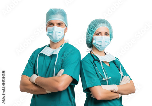 Two surgeons standing confidently isolated on transparent background