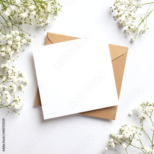 A pristine white card nestled inside a matching envelope, adorned with delicate pastel flowers, creating a charming and elegant presentation.