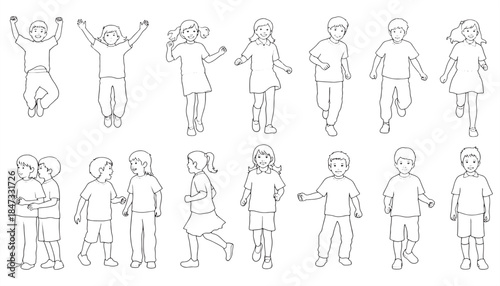 Children Jumping Line Play Icon Set – Kids Playground Activity Line Illustration