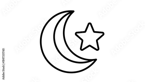 Minimalist black and white outline icon of a crescent moon and star, symbolizing Islamic faith and celestial elements.