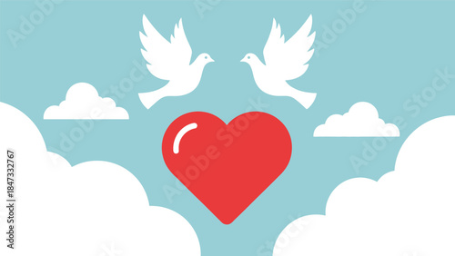 Two white doves flying with a red heart and clouds in a blue sky, symbolizing love and peace.