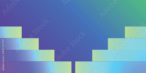 Modern abstract design featuring gradient colored steps on a vibrant blue and green background with a central open space.