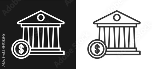 Bank Outline Style Icon. On Black And White Background Version