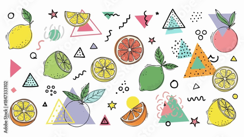 Vibrant Hand Drawn Citrus Fruits and Abstract Shapes Collection.