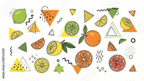 Vibrant Citrus Fruits and Abstract Geometric Shapes Hand Drawn Illustration.