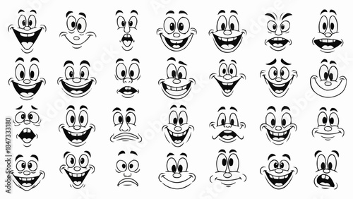 Collection of Cartoon Faces Expressing Various Emotions and Expressions.