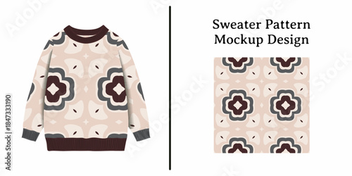 Sweater pattern mockup design with floral motif on beige background