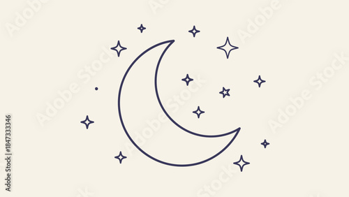Minimalist outline illustration of a crescent moon surrounded by sparkling stars on a light background.