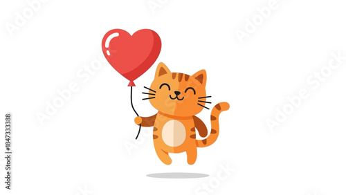 A charming flat design illustration of a happy cartoon cat holding a big red heart balloon, symbolizing love and celebration. This vector art is perfect for Valentine's Day greetings.