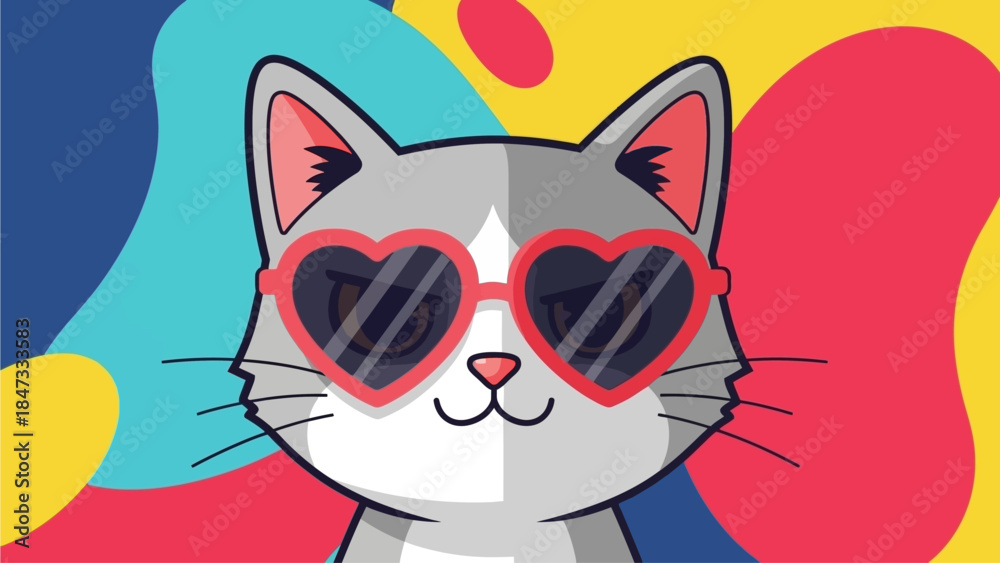 Obraz premium A trendy flat design illustration of a cute cartoon cat sporting stylish heart-shaped sunglasses, adding a cool and playful touch to Valentine's Day. This vector art is fun and fashionable.