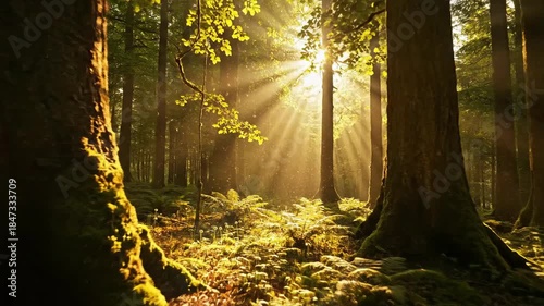 Sunbeams illuminate the forest floor, filtering through dense trees and moss-covered ground