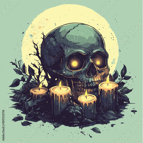 A skull and candles create a spooky, mystical arrangement , vector style simple color