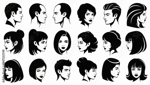 Collection of diverse human profile illustrations showcasing various hairstyles and facial features.