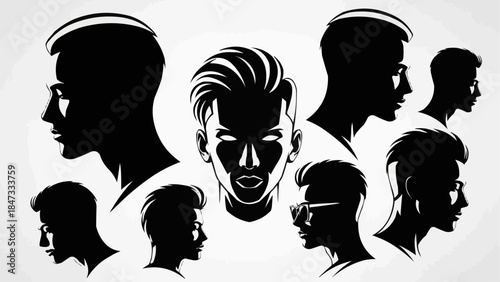 Collection of Diverse Male Head Silhouettes in Profile and Frontal Views.