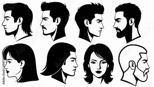 Collection of Diverse Human Head Silhouettes in Profile and Front Views.