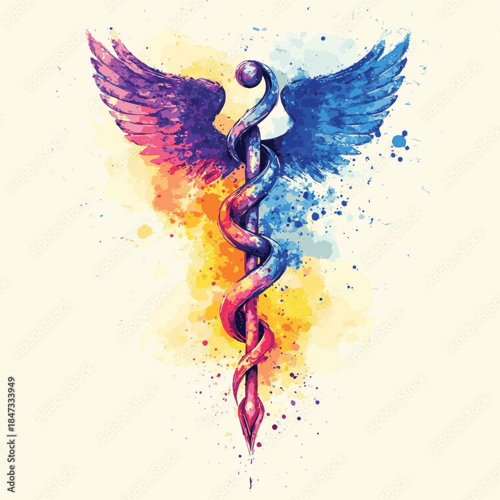 Obraz premium Colorful watercolor caduceus symbol with wings and paint splatters , vector style simple color