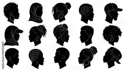 Collection of Diverse Black People Silhouettes Showing Different Hairstyles and Headwear.